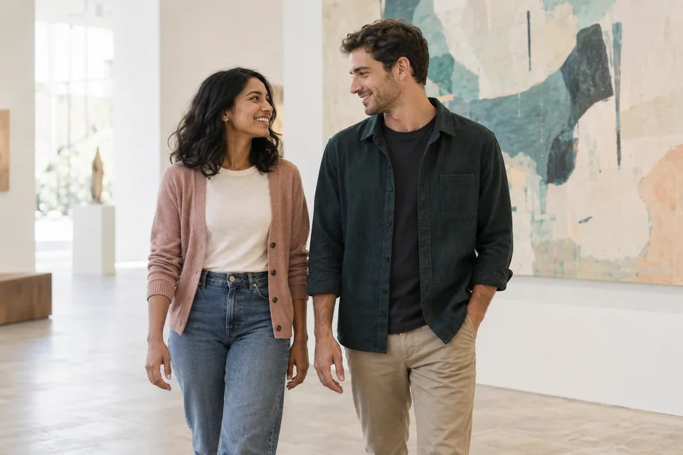 A woman and a man enjoying a date at an art gallery