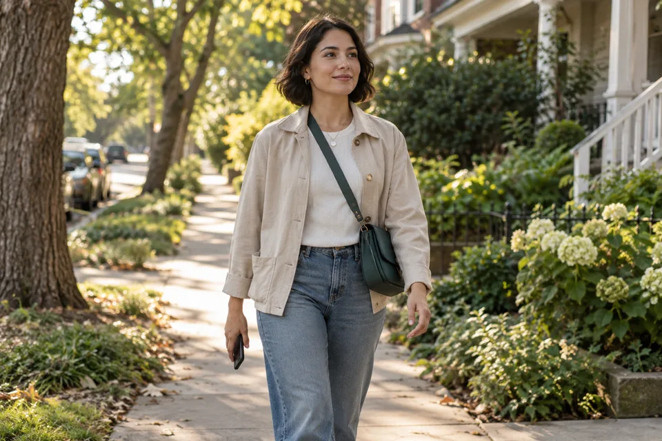 A woman heading out along a leafy neighborhood street