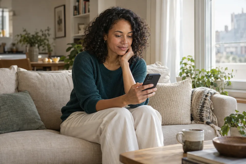 A woman checking her phone at home before heading out